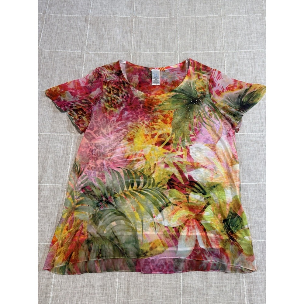 Time And Tru Shirt Womens Medium Multicolor Bright Tropical Floral Hawaiian Top